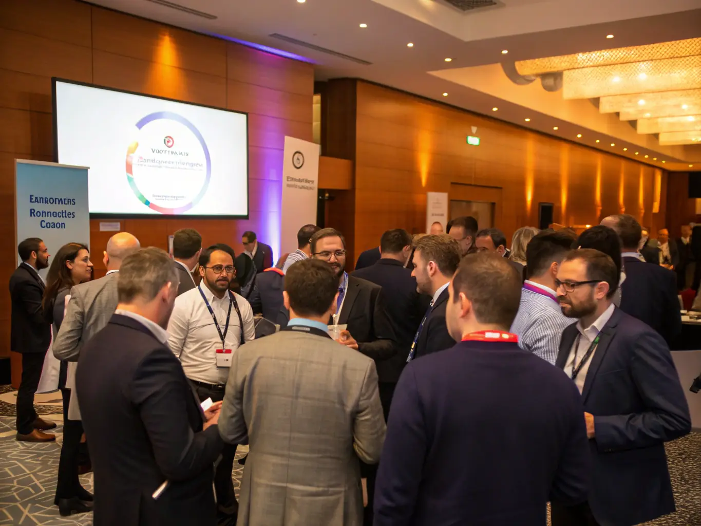 A dynamic photograph capturing the energy of a recent Pecangate conference, featuring attendees engaged in a lively panel discussion, set against a backdrop of the conference's branding.